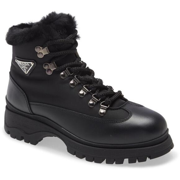 Prada Brixxen 38 Black Shearling Leather Nylon Lug Sole Lace Up Hiking Boot 40.5 - Picture 3 of 16